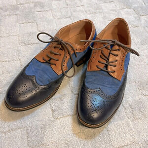 Azar Man Navy Blue & Cognac Leather Suede Lace-Up Oxfords Dress Shoes / Men’s 9